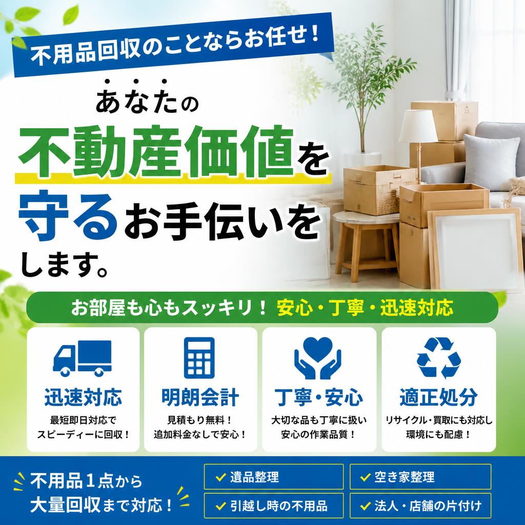 不用品回収のことなら　　お任せ！あなたの不動産価値を守るお手伝いをします。