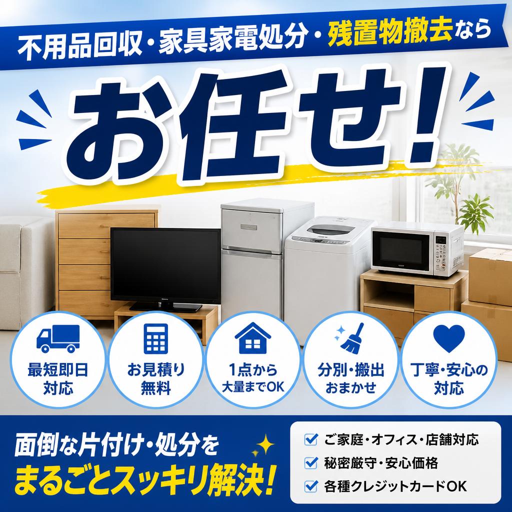 不用品回収・家具家電処分・残置物撤去ならお任せ！
